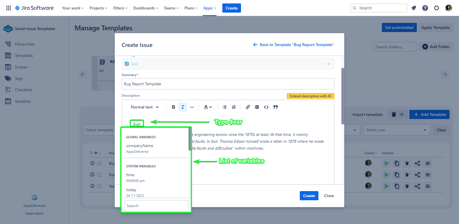 Added tooltip for variables in the Template.png