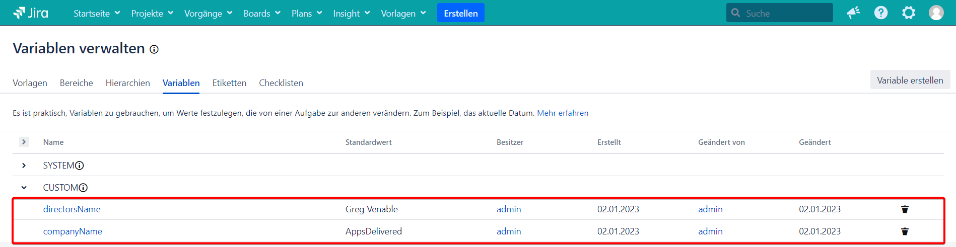 Erstellte Variablen auf der Seite „Variablen verwalten“..png